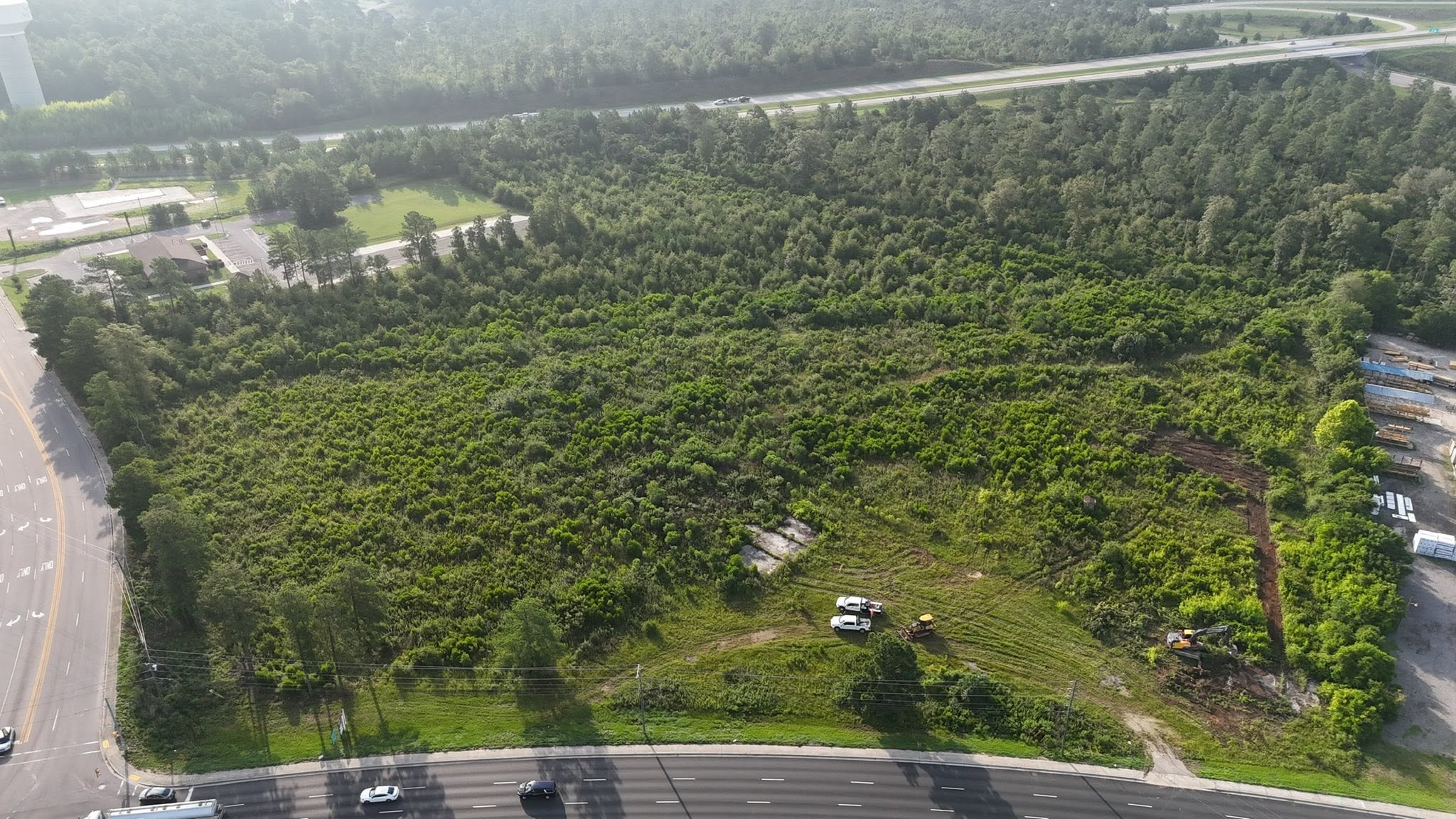 Aerial view forest clearing with erosion controls